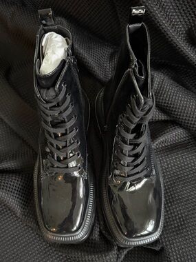 Women’s Black Patent Lace-Up Combat Boots with side zipper